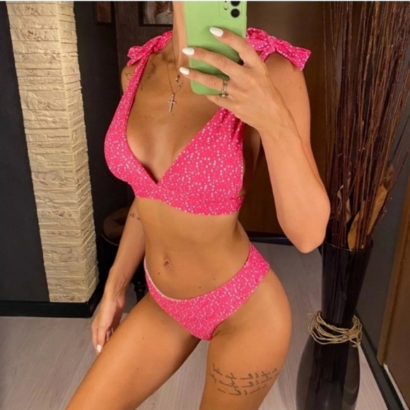 New Pink Print V-plunge Triangle Bralette Bikini Set Swimsuit Size M - Picture 3 of 7